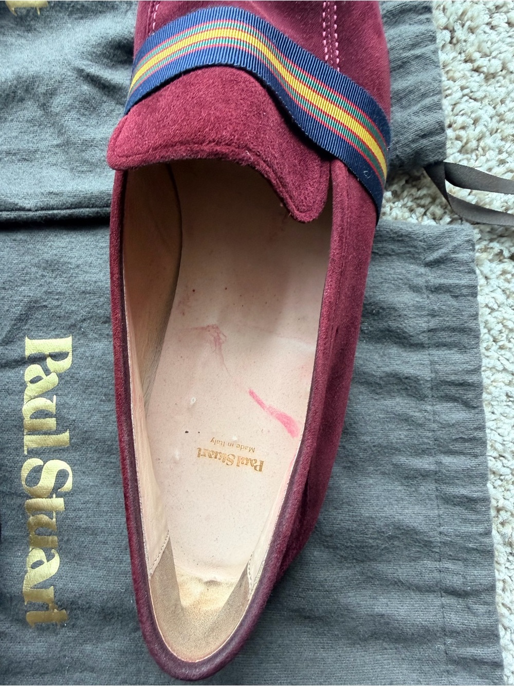 Paul Stuart Burgundy Suede Loafers with Multicolor Ribbon